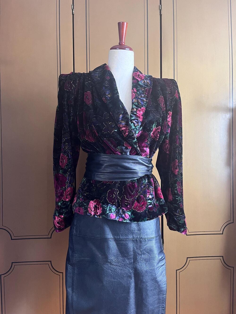 Vintage velvet jacket in jewel tones with statement shoulders, size 8
